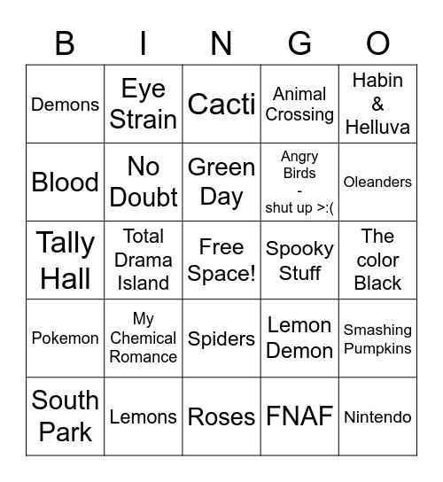 Things Scar Loves Bingo! Bingo Card