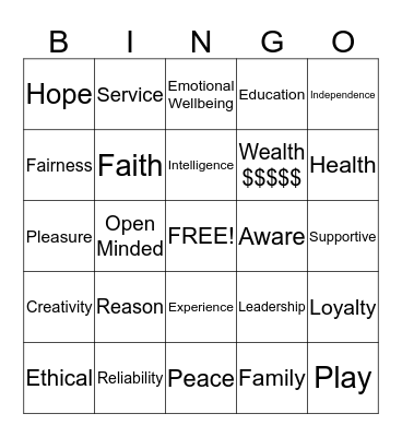 Values Bingo Card