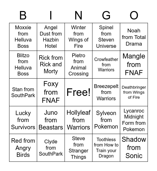 Scar's Favorite Characters Bingo Card
