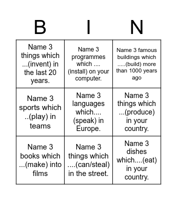 Name 3 things... Bingo Card
