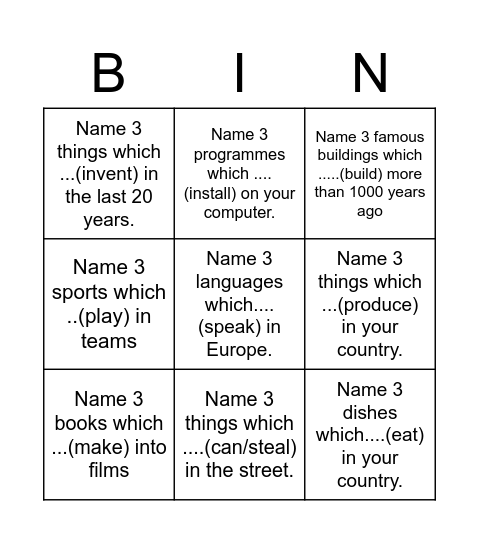 Name 3 things... Bingo Card