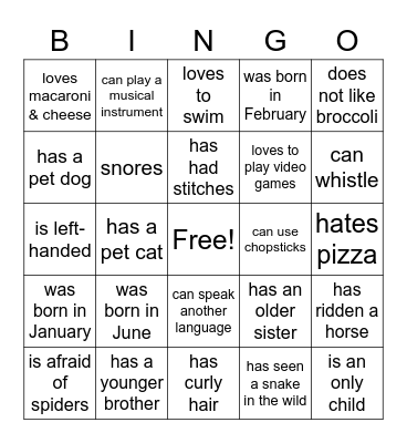 Get to know me! Bingo Card