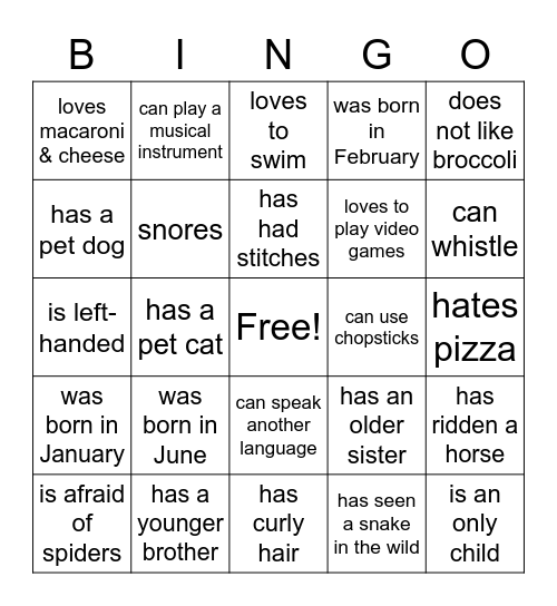 Get to know me! Bingo Card