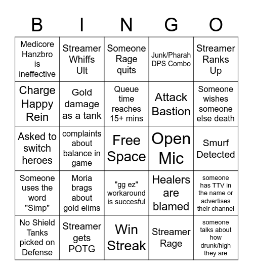 Overwatch Stream Bingo Card