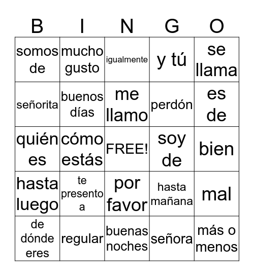 Spanish Bingo Card