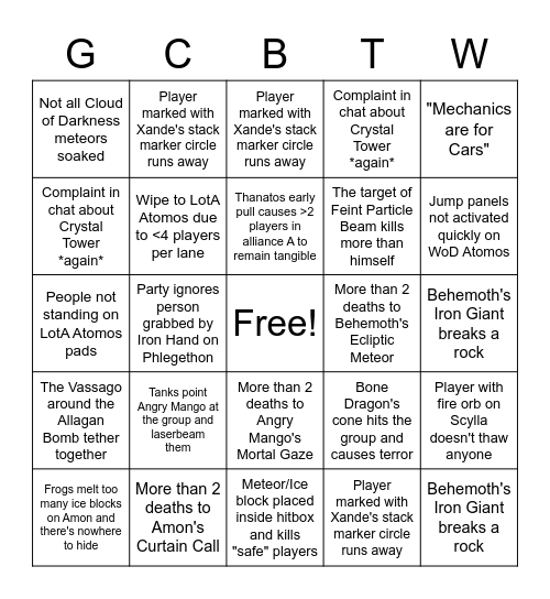 Crystal Tower Bingo Card