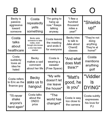 Costa Weekly Meeting BINGO! Bingo Card