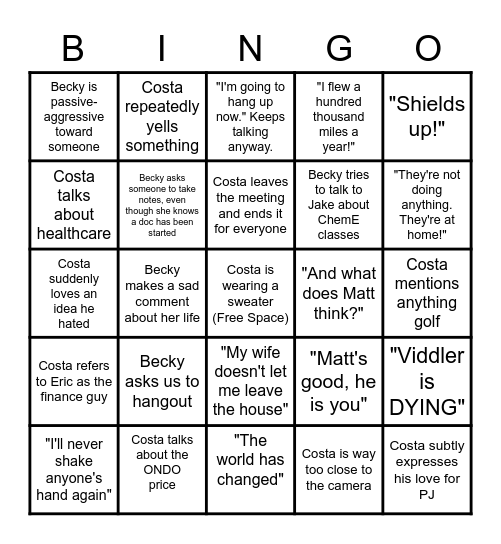 Costa Weekly Meeting BINGO! Bingo Card