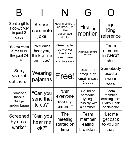 AT Remote Meeting Bingo Card