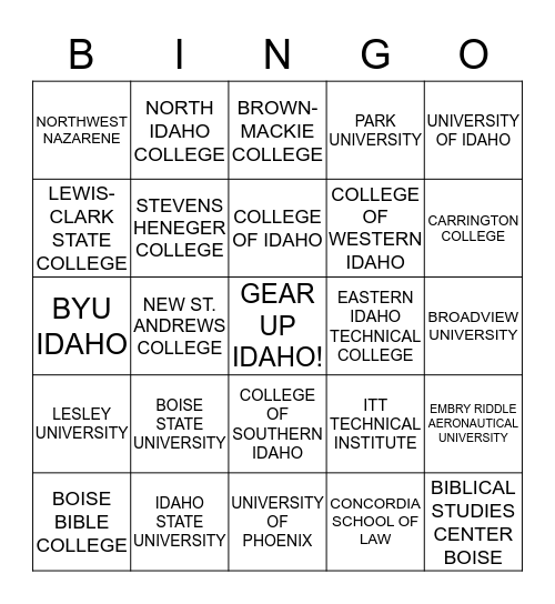 IDAHO COLLEGES BINGO Card