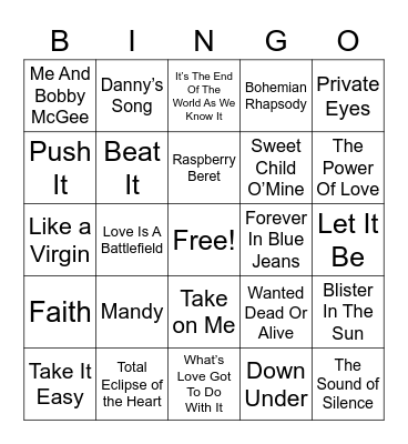 70's & 80's Music Bingo Card
