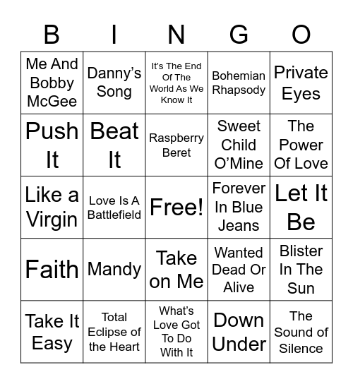 70's & 80's Music Bingo Card