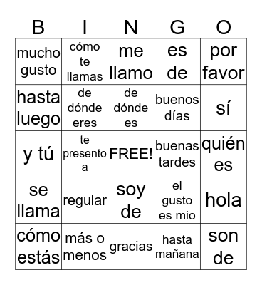 Spanish Bingo Card