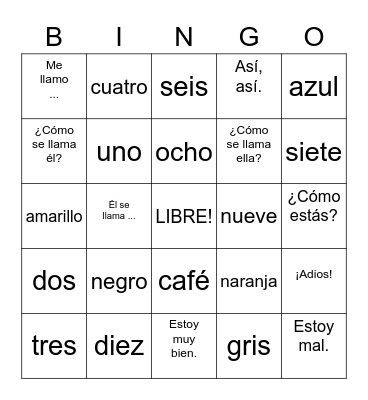 Saludos, Colores y Numeros Bingo Card