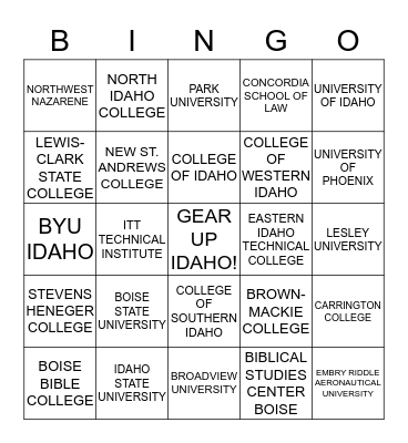 IDAHO COLLEGES BINGO Card
