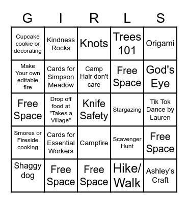 Virtual Camporee Bingo Card