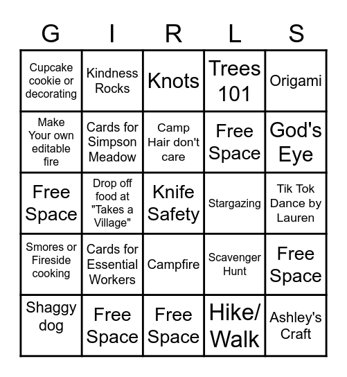 Virtual Camporee Bingo Card