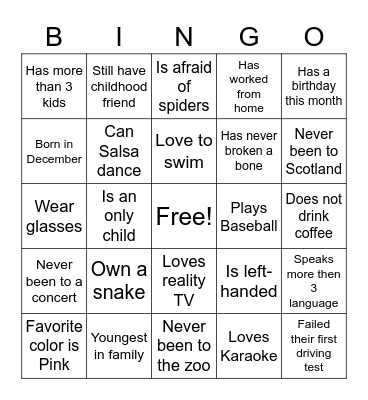 Getting to know you better! Bingo Card