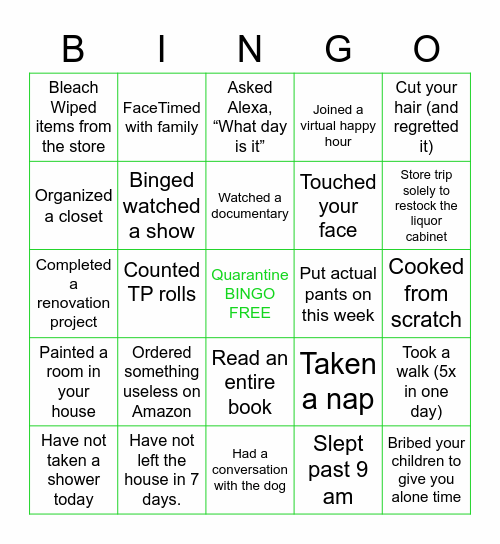 Quarantine Bingo Card