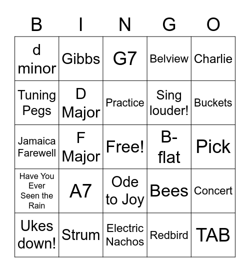 Ukulele Club Bingo Card