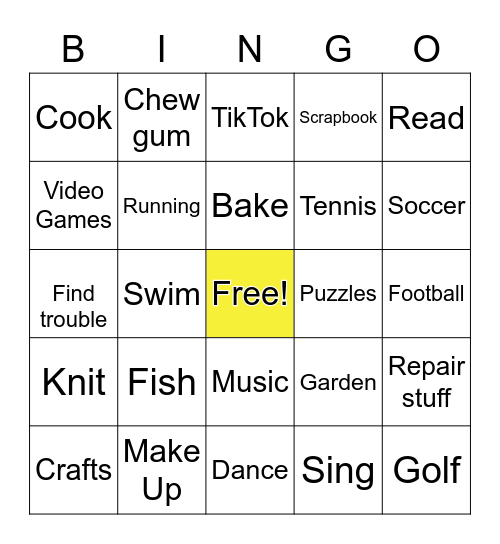 Things I Like to Do for Fun Bingo Card