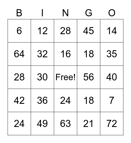 Multiplication Bingo Card