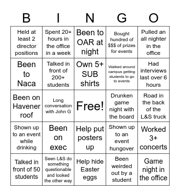 SUB Bingo Board Edition Bingo Card