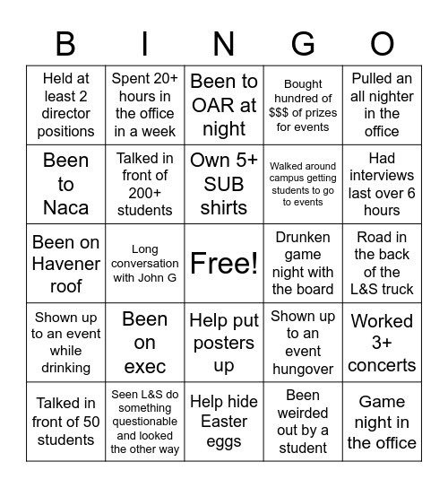 SUB Bingo Board Edition Bingo Card