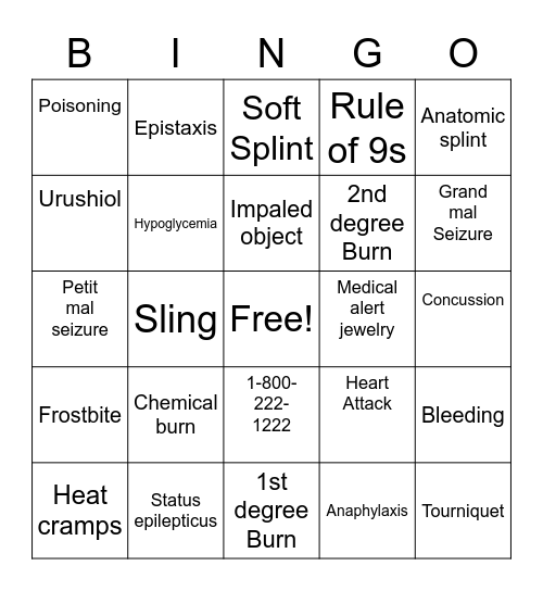 Safety Ed Bingo Card