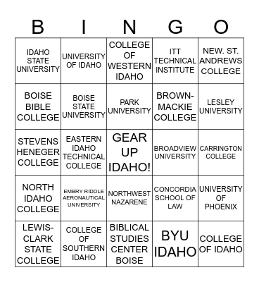 IDAHO COLLEGES BINGO Card