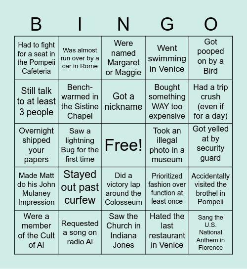 Hillsdale Bingo - Italy trip 2019!!! Bingo Card