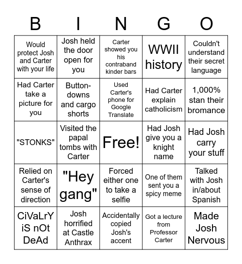Hillsdale Bingo - JOSH & CARTER Edition! Bingo Card