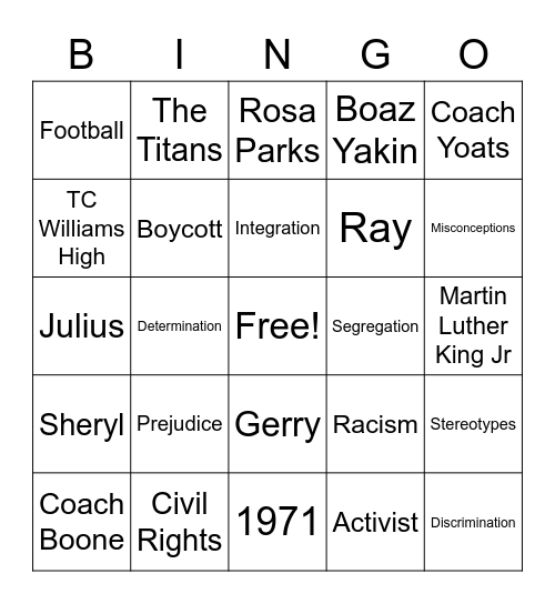 Remember the Titans Bingo Card