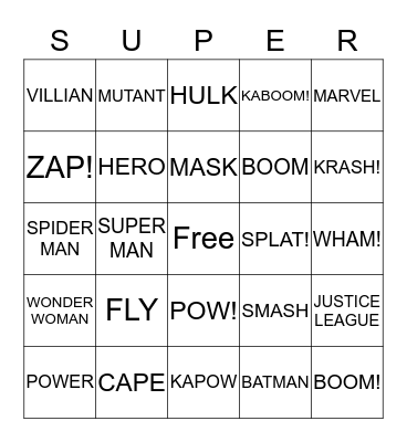 SUPER HERO Bingo Card