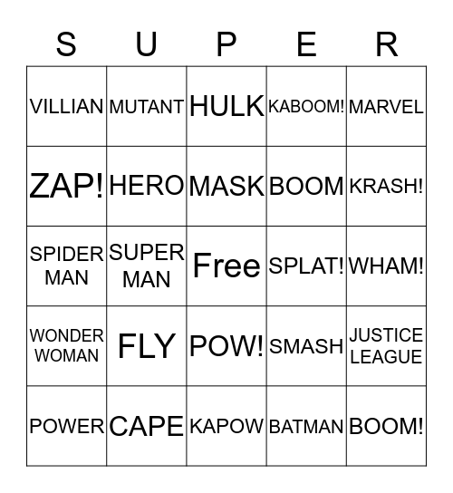 SUPER HERO Bingo Card