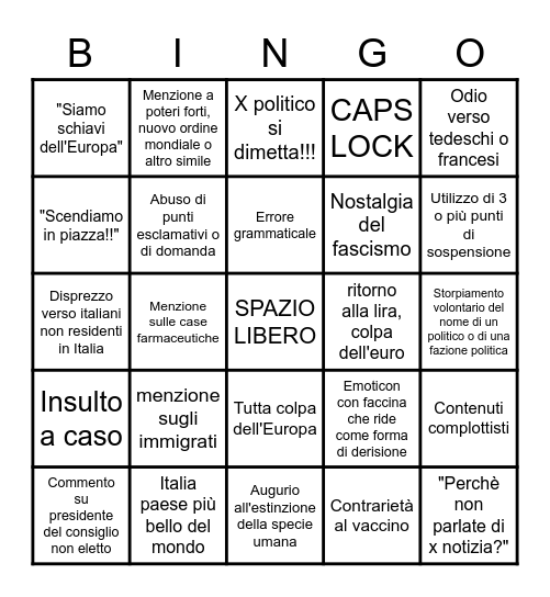 ANALFABETISMO FUNZIONALE Bingo Card