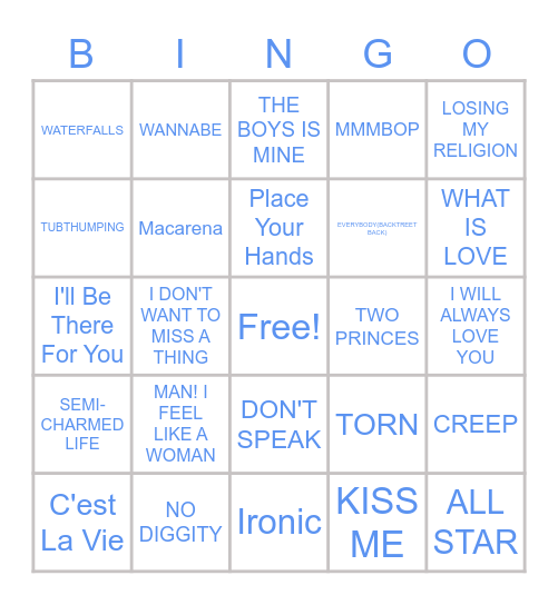 90S MUSIC Bingo Card