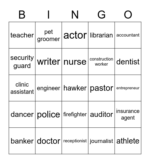 Occupation Bingo Card