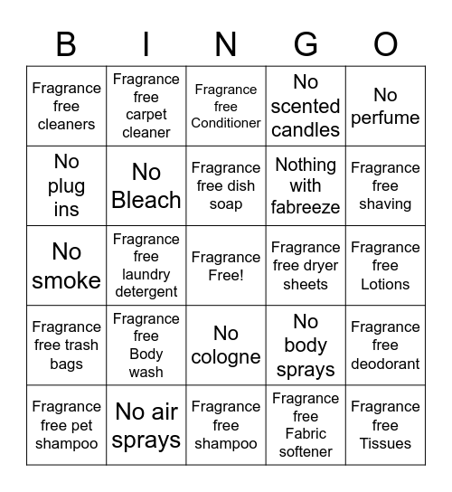 Multiple Chemical Sensitivities Awareness Bingo Card