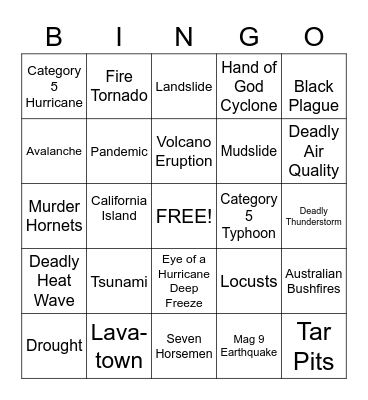 2020 Natural Disaster Bingo Card