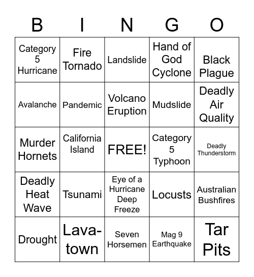 2020 Natural Disaster Bingo Card