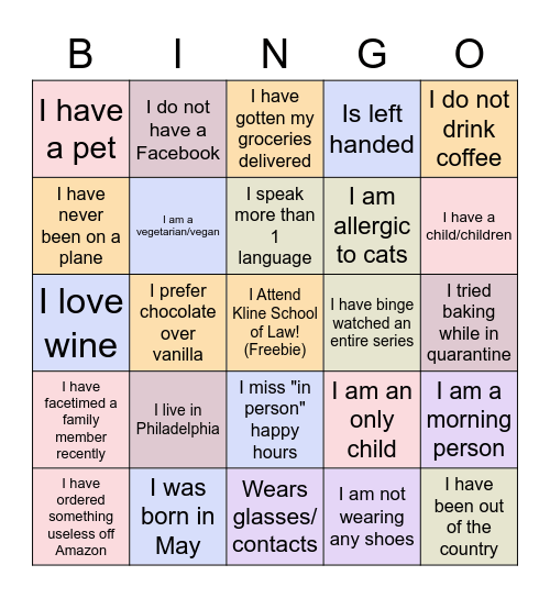 New Student Orientation Bingo Card