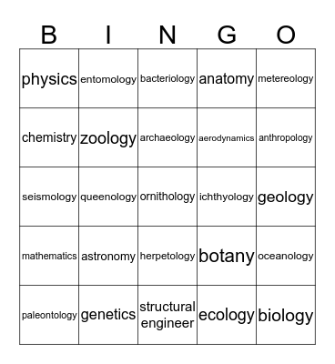 -ologies Bingo  Bingo Card