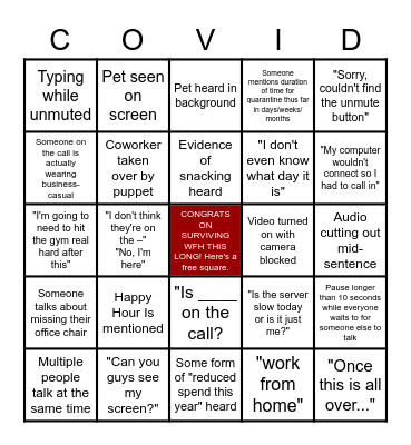 Conference Call Bingo - Quarantine Edition Bingo Card