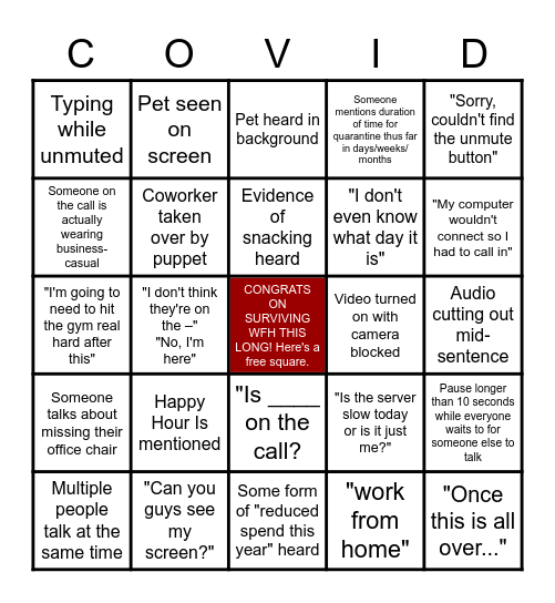 Conference Call Bingo - Quarantine Edition Bingo Card