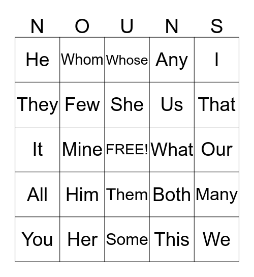 Pronouns Bingo Card