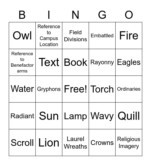 University arms bingo Card