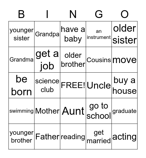 Family and Milestones Bingo Card