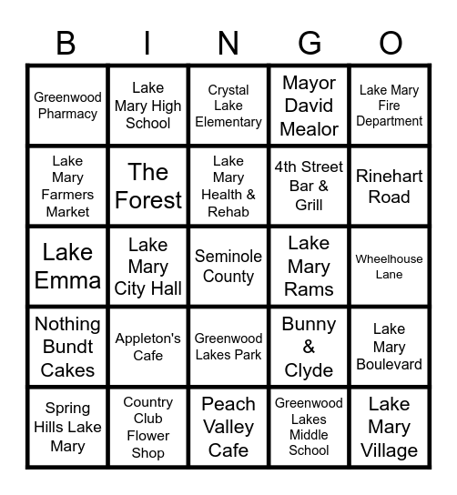 Lake Mary Bingo! Bingo Card