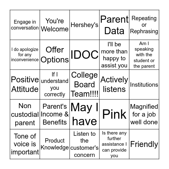 COLLEGE BOARD BINGO Card